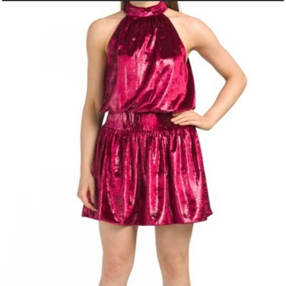 Ramy Brook Ellin Mini Dress Size L Deep Red Velvet Halter Neck Holidays Party